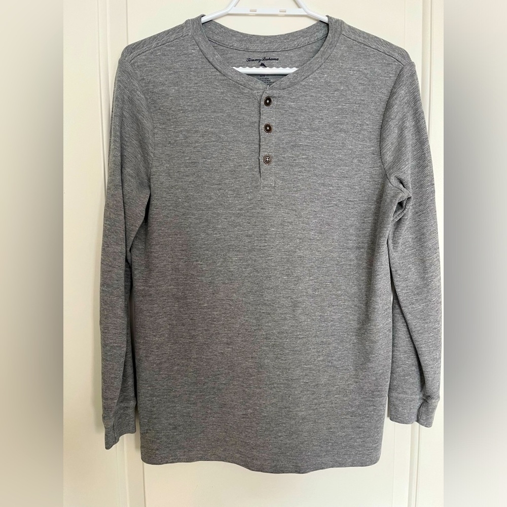 TOMMY BAHAMA Grey Neutral Basic Henley Long Sleeve T-shirt sz 16 - Picture 1 of 4